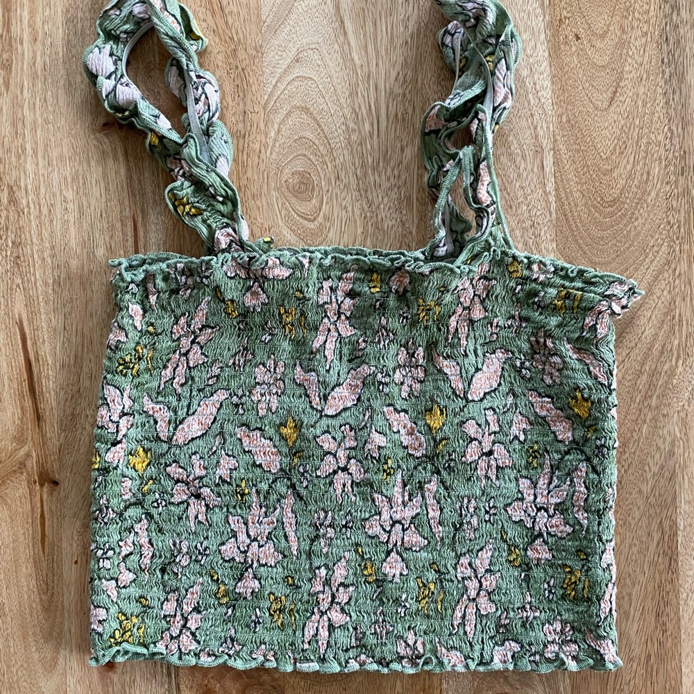 Aerie Green Floral Smocked Crop Top